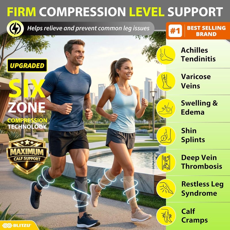 BLITZU Calf Sleeves (1 Pair) Power+ Compression Men and Women Performance Leg Guards. True Graduated Compression. Improves Circulation, Aids Muscle Recovery - Image 2