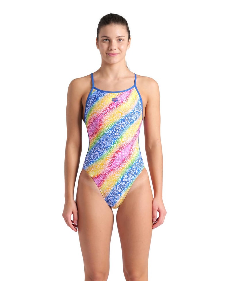 ARENA Performance Let It Beat Collection Womens Swimsuit Lace Back Printed One Piece MaxLife Training Suit Competitive Ladies Bathing Suit RoyalWhite Multi US Size 38