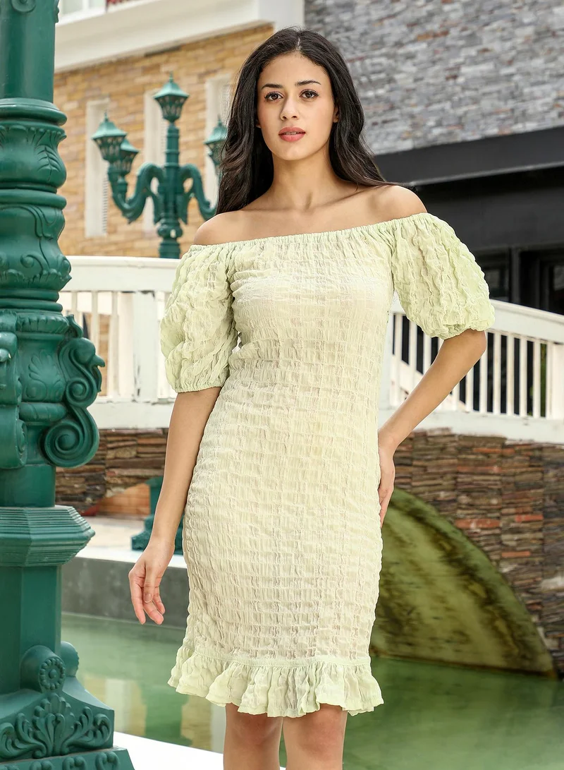PINACOLADA Pinacolada Women's Tactile-Ruffle Bodycon Dress | Off-Shoulder , Short Puff Sleeves , Pull On Closure | Solid Textured Material | Polyester-Blend Dress For Casual & Evening Wear | Light Lime