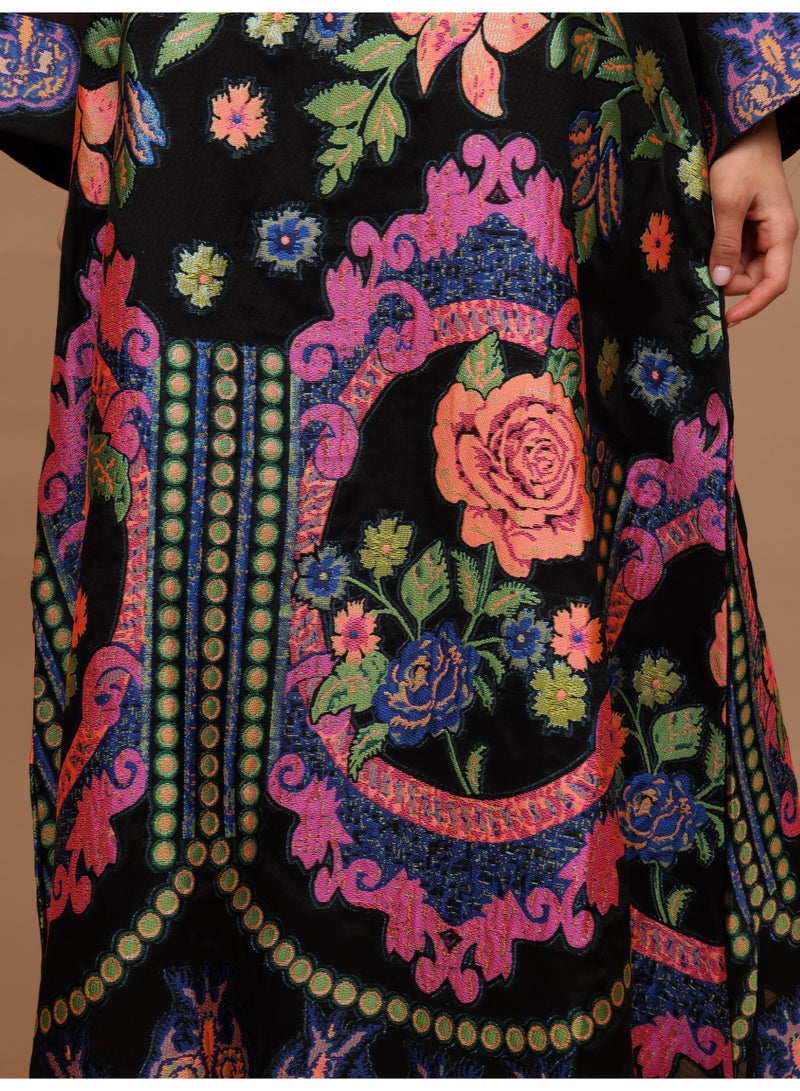 IKKXA Elegant V-Neck Printed Jalabiya IK6042 Black - Image 3