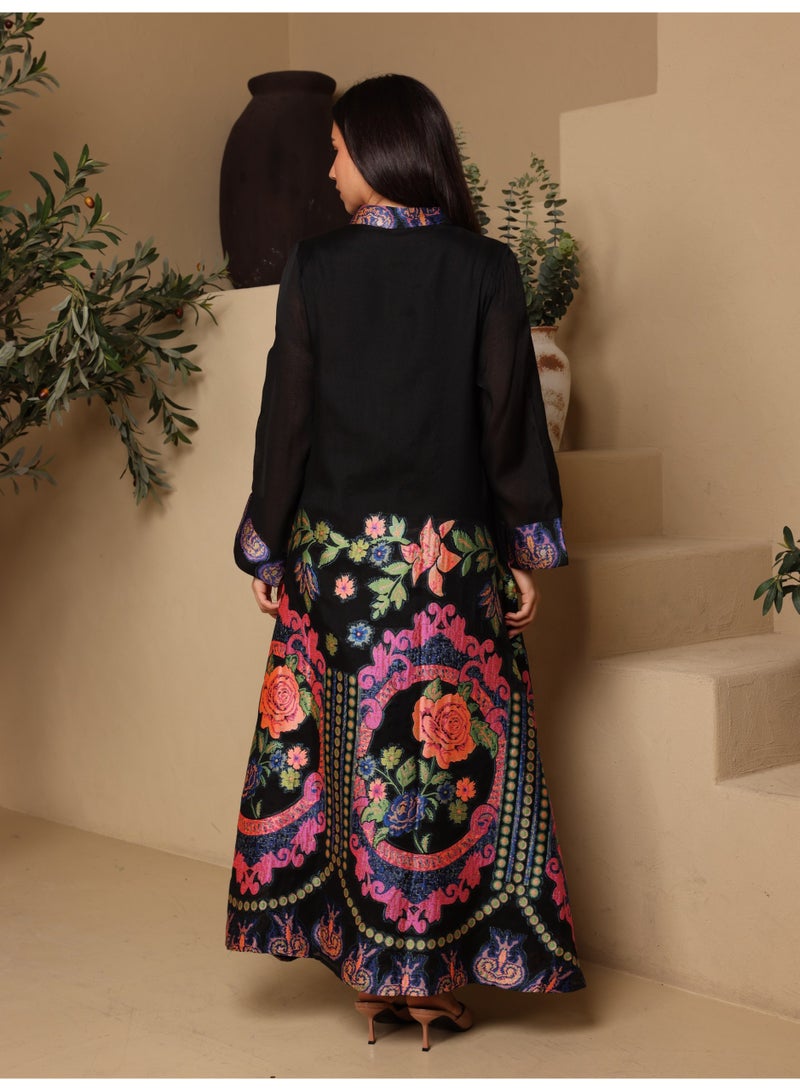 IKKXA Elegant V-Neck Printed Jalabiya IK6042 Black - Image 4