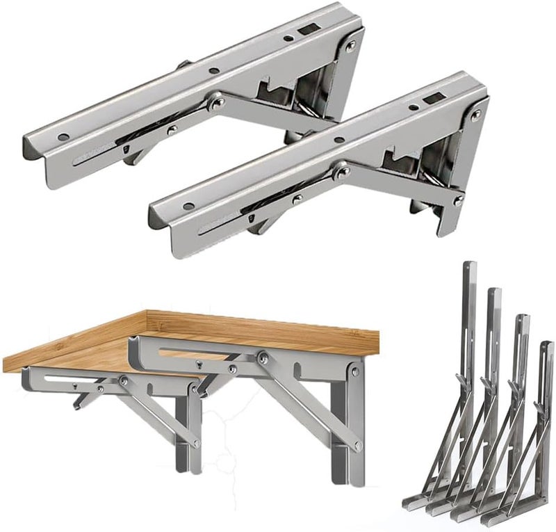 20 Inch Folding Shelf Brackets 2pcs, Max Load 300 lb, Heavy Duty Stainless Steel Collapsible Wall Mounted Shelf Brackets for DIY Table Work Bench, Space Saving DIY Bracket - Image 1
