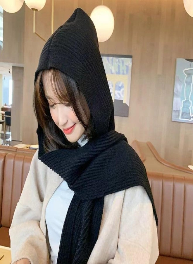 Topwon Women Winter Hooded Hat with Scarf Attached Crochet Knit Shawl Pullover Neckwarmer (Black) - Image 5