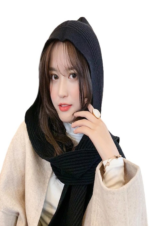 Topwon Women Winter Hooded Hat with Scarf Attached Crochet Knit Shawl Pullover Neckwarmer (Black) - Image 1