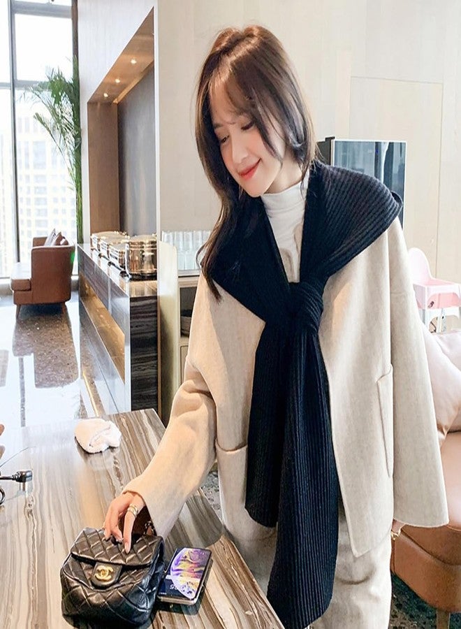 Topwon Women Winter Hooded Hat with Scarf Attached Crochet Knit Shawl Pullover Neckwarmer (Black) - Image 2