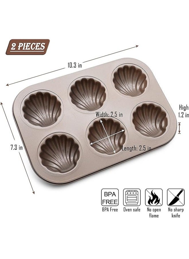 Madeleine Pans, 2 Pack Non-Stick Spherical Shell Madeleine Mold for Oven Baking, 6-Well, Champagne Gold