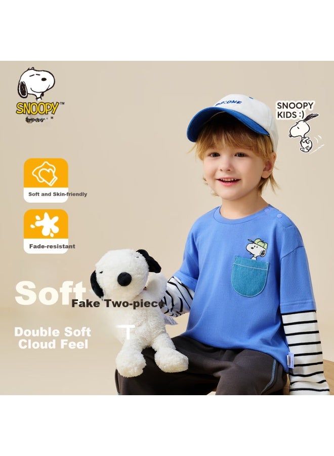 Snoopy Boys' Long Sleeve T-shirt Kids' Faux Two-piece Top Toddler Casual Baseball Boy Blue - Image 1