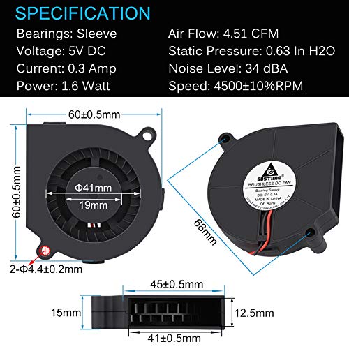 GDSTIME 5V USB Blower Fan 60mm, 60mm x 60mm x 15mm Brushless DC Cooling Blower Fan - Image 2