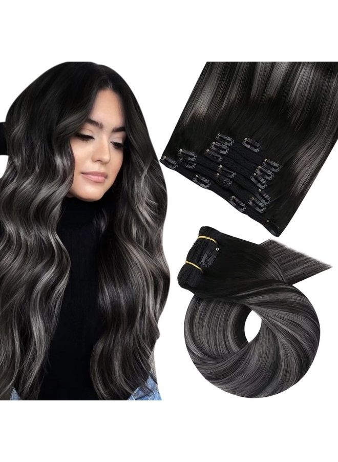 Moresoo Clip in Hair Extensions Human Hair Silver Hair Extensions Clip in Human Hair Clip in Extensions Balayage Remy Hair Extensions Black Mix Grey Clip ins 20inch 7pieces 120g #1B/Silver/1B - Image 1