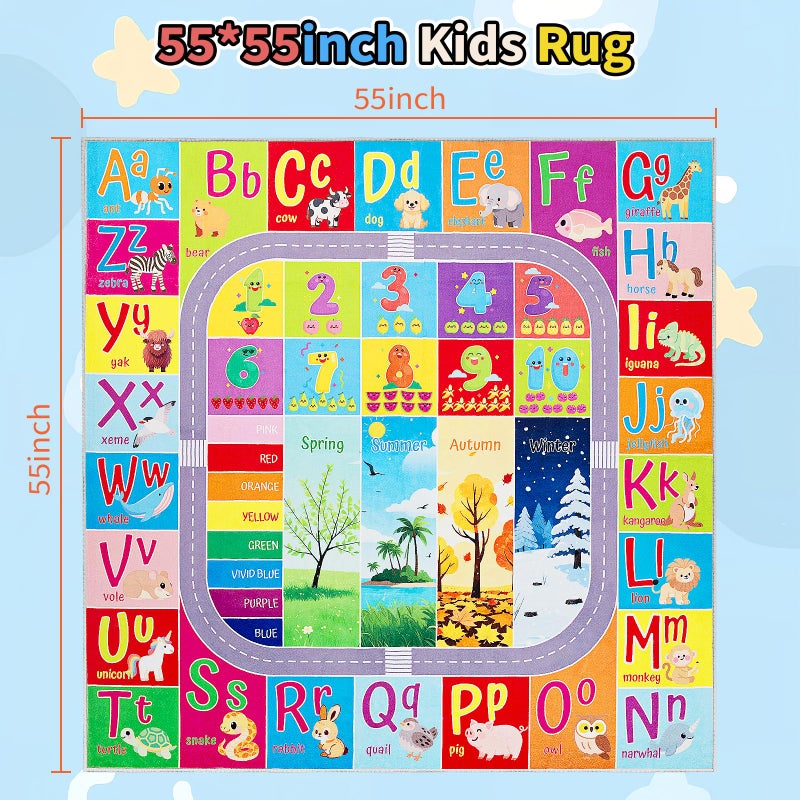 UKISS ABC Kids Rug,Toddler Educational Play Rug for Learning Alphabet, Numbers, Colors, Seasons and Animal Words,55"x55"Washable Classroom Area Rugs,Non-Slip Kids Play Mat Carpet for Playroom - Image 2