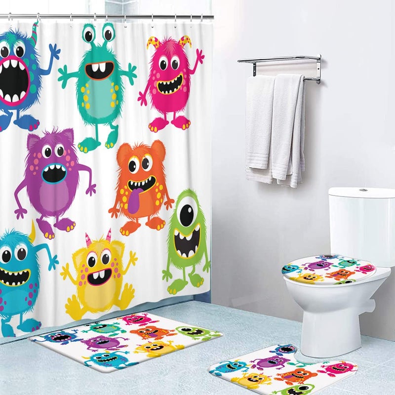 LOKMU 4 Pcs Shower Curtain Sets with NonSlip Rugs Toilet Lid Cover and Bath MatCartoon Fluffy Monsters Cute Little Kid Waterproof Shower Curtain with 12 Hooks Bathroom Decor Sets 72 x 72