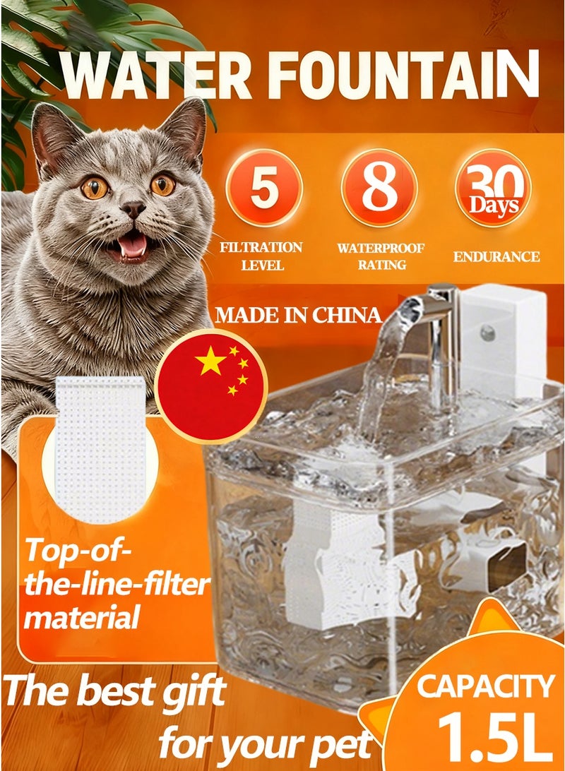 Automatic Cycle Cat Fountain Pet water fountain Quiet Pet Water Dispenser Drinking Bowl 1.5L Large Capacity (Clear) - Image 1