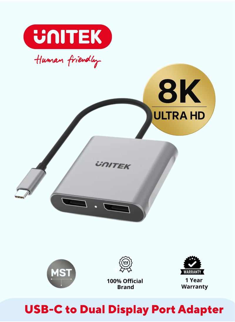 UNITEK USB-C to Dual DisplayPort Adapter, Up To 8K UHD - Connect Two Monitors for Enhanced Productivity, Ideal for creative professionals, gamers, and multitaskers,  compatible with MacBook, iPad Pro, Windows laptops, Support mirror mode" and "extended mode, best dual monitor adapter for USB-C, USB-C to dual DisplayPort adapter for MacBook,  - Image 1