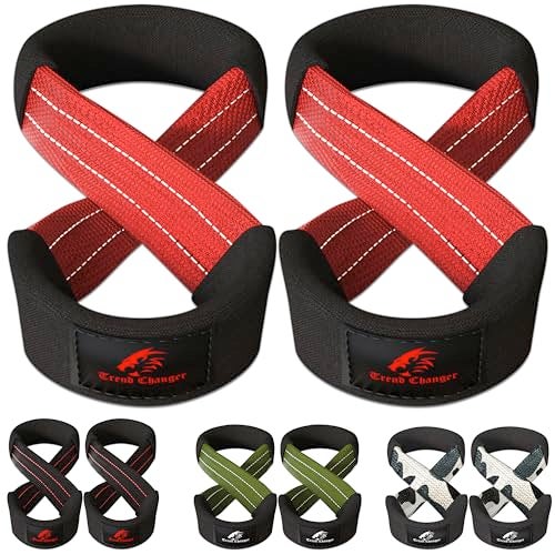 Trend Changer Figure 8 Lifting Strap Padded Deadlift Straps Heavy Duty Weight Lifting Straps Strongman Axle Bar Straps Weightlifting Wrist Wraps (Medium (Upto 8.0'' Wrist Circumference), Red White) - Image 1