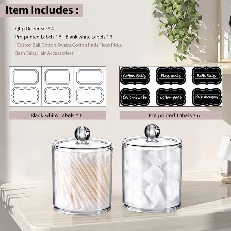 SheeChung 4-Pack Clear Acrylic Apothecary Jars - (2) 12oz & (2) 10oz Qtip Holder Set - Shatterproof Bathroom Vanity Organizer for Cotton Swabs, Balls, Pads, Floss Picks - Image 2