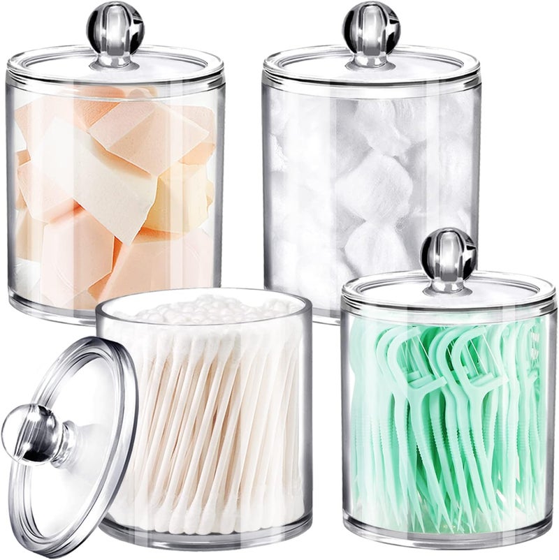 SheeChung 4-Pack Clear Acrylic Apothecary Jars - (2) 12oz & (2) 10oz Qtip Holder Set - Shatterproof Bathroom Vanity Organizer for Cotton Swabs, Balls, Pads, Floss Picks - Image 1