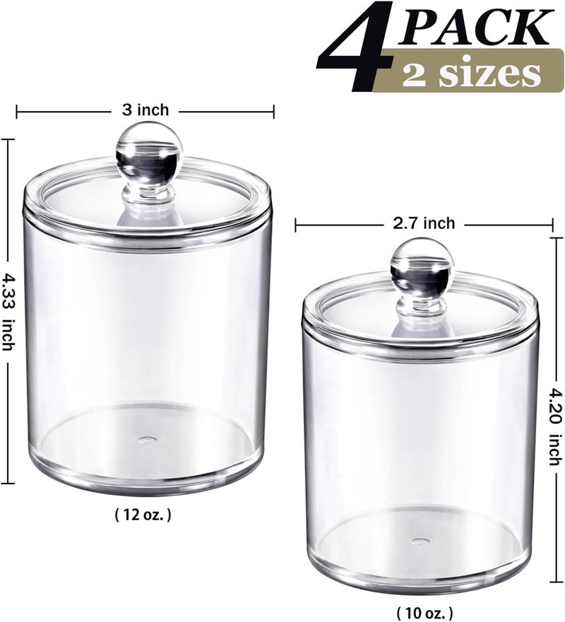 SheeChung 4-Pack Clear Acrylic Apothecary Jars - (2) 12oz & (2) 10oz Qtip Holder Set - Shatterproof Bathroom Vanity Organizer for Cotton Swabs, Balls, Pads, Floss Picks - Image 4