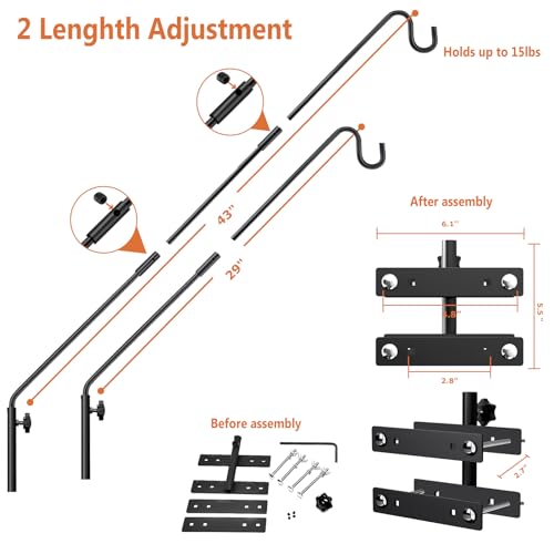 IVOODi Heavy Duty Deck Hook-Deck Railing Plant Hanger, 29 to 43 Inch Extended Bird Feeder Hanger W/Double Clamps,Versatile Deck Shepherd Hook for Hanging Bird Feeders,Lanterns,Planters etc. - Image 5