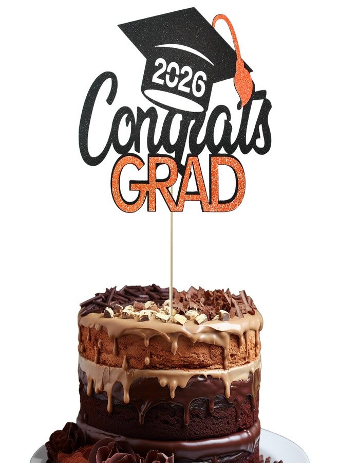 Tindobewan Class of 2026 Graduation Cake Topper - Celebrate Graduation Day with Tindobewan Glitter Congrats Grad Cake Picks Decorations(1Pcs,Black with Orange) S1 - Image 1