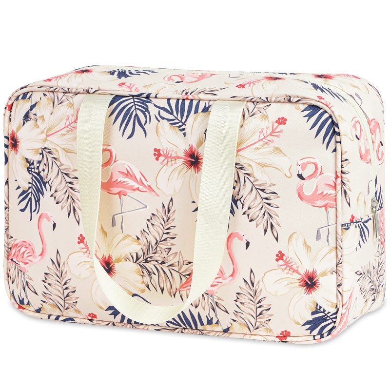 Narwey Full Size Toiletry Bag Women Large Cosmetic Bag Travel Makeup Bag Organizer Medicine Bag for Toiletries Essentials Accessories (Large, Beige Flamingo) - Image 1