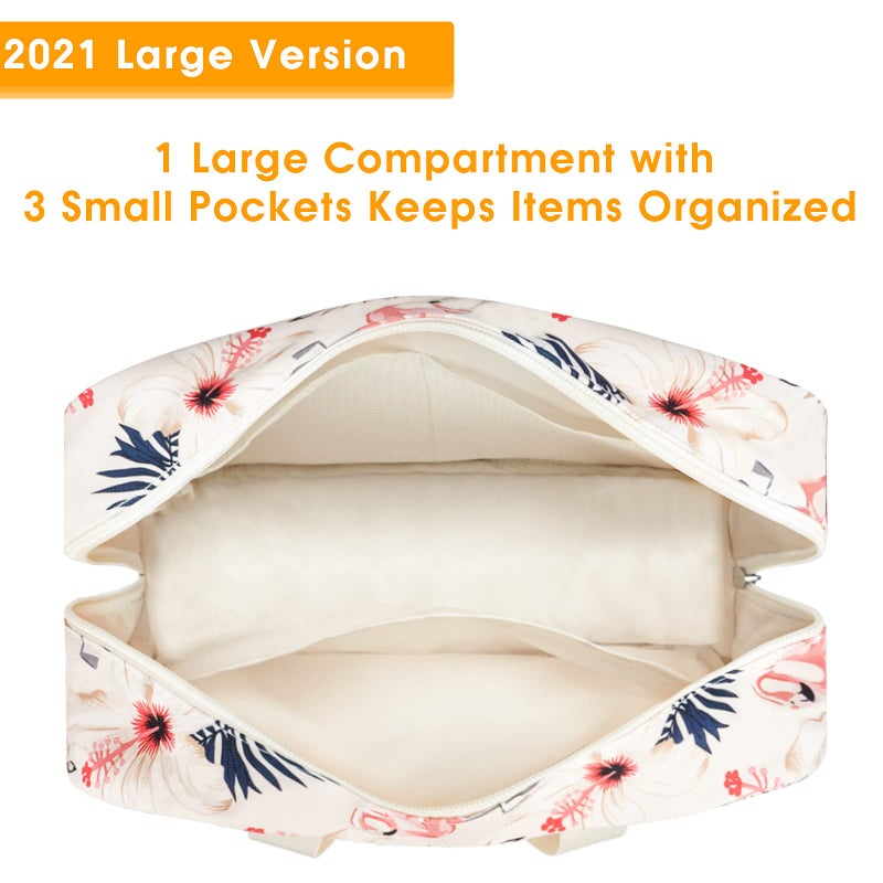 Narwey Full Size Toiletry Bag Women Large Cosmetic Bag Travel Makeup Bag Organizer Medicine Bag for Toiletries Essentials Accessories (Large, Beige Flamingo) - Image 3