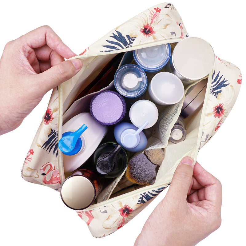 Narwey Full Size Toiletry Bag Women Large Cosmetic Bag Travel Makeup Bag Organizer Medicine Bag for Toiletries Essentials Accessories (Large, Beige Flamingo) - Image 2