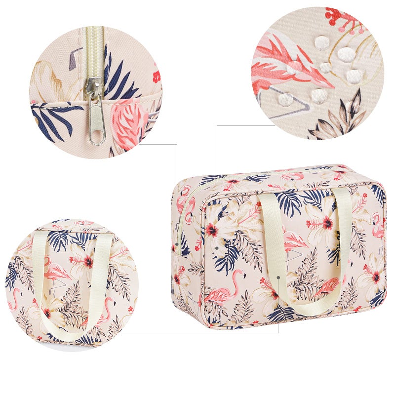 Narwey Full Size Toiletry Bag Women Large Cosmetic Bag Travel Makeup Bag Organizer Medicine Bag for Toiletries Essentials Accessories (Large, Beige Flamingo) - Image 4