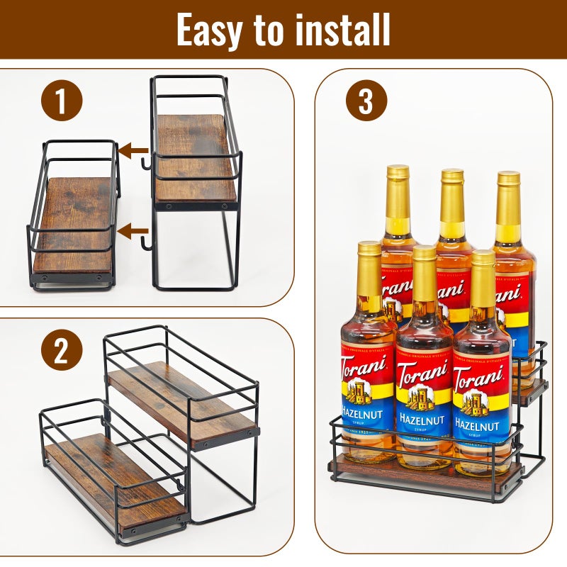 AUATRONNE 6 Bottle Capacity Coffee Syrup Rack Organizer, 2 Tier Coffee Syrup Stand Shelf, Storage Shelves for Coffee Bar, Small Wine Rack for Bar Family Storage for Syrup Wine Dressing - Image 2