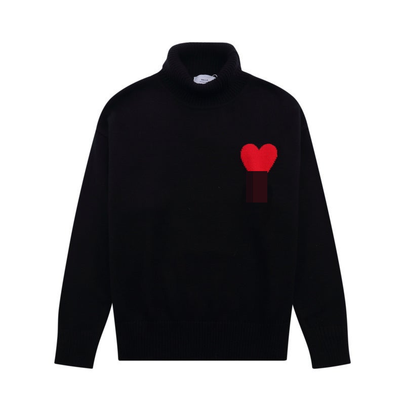 American New Fashion Heart A Embroider Lazy Style Casual Loose Turtleneck Sweater Trendy Brand Men'S And Women'S Same Style Sweater - Image 3