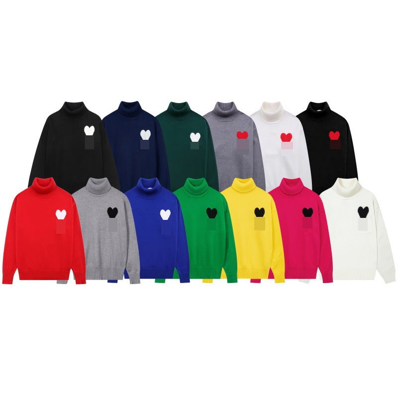 American New Fashion Heart A Embroider Lazy Style Casual Loose Turtleneck Sweater Trendy Brand Men'S And Women'S Same Style Sweater - Image 2