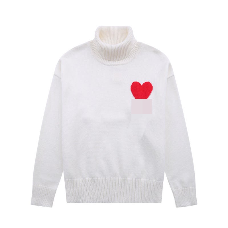 American New Fashion Heart A Embroider Lazy Style Casual Loose Turtleneck Sweater Trendy Brand Men'S And Women'S Same Style Sweater - Image 4