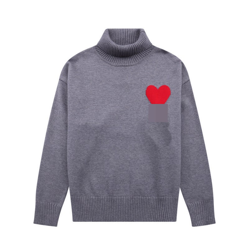 American New Fashion Heart A Embroider Lazy Style Casual Loose Turtleneck Sweater Trendy Brand Men'S And Women'S Same Style Sweater - Image 5