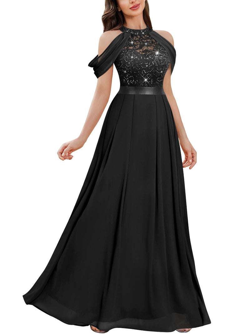 Miusol Women's Classic Lace Sleeveless Sequin Contrast Chiffon Bridesmaid Maxi Dress (Large, Black) - Image 1
