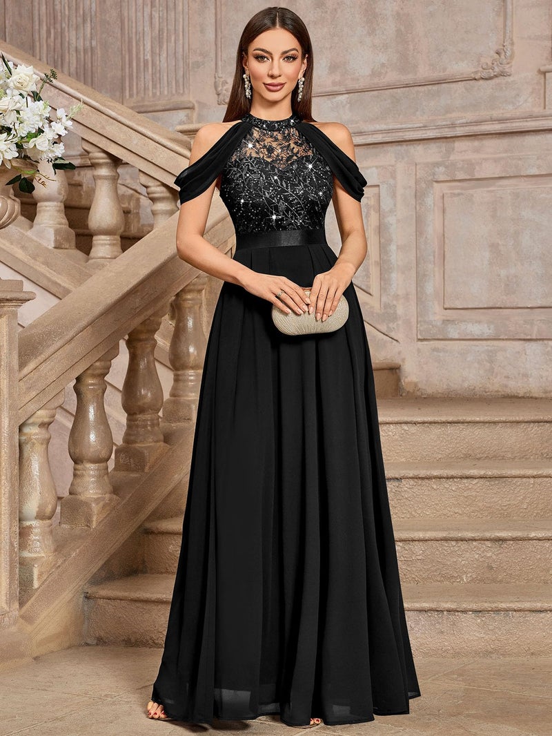 Miusol Women's Classic Lace Sleeveless Sequin Contrast Chiffon Bridesmaid Maxi Dress (Large, Black) - Image 4