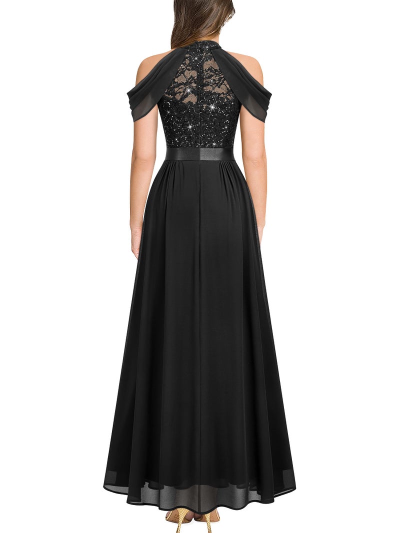 Miusol Women's Classic Lace Sleeveless Sequin Contrast Chiffon Bridesmaid Maxi Dress (Large, Black) - Image 2