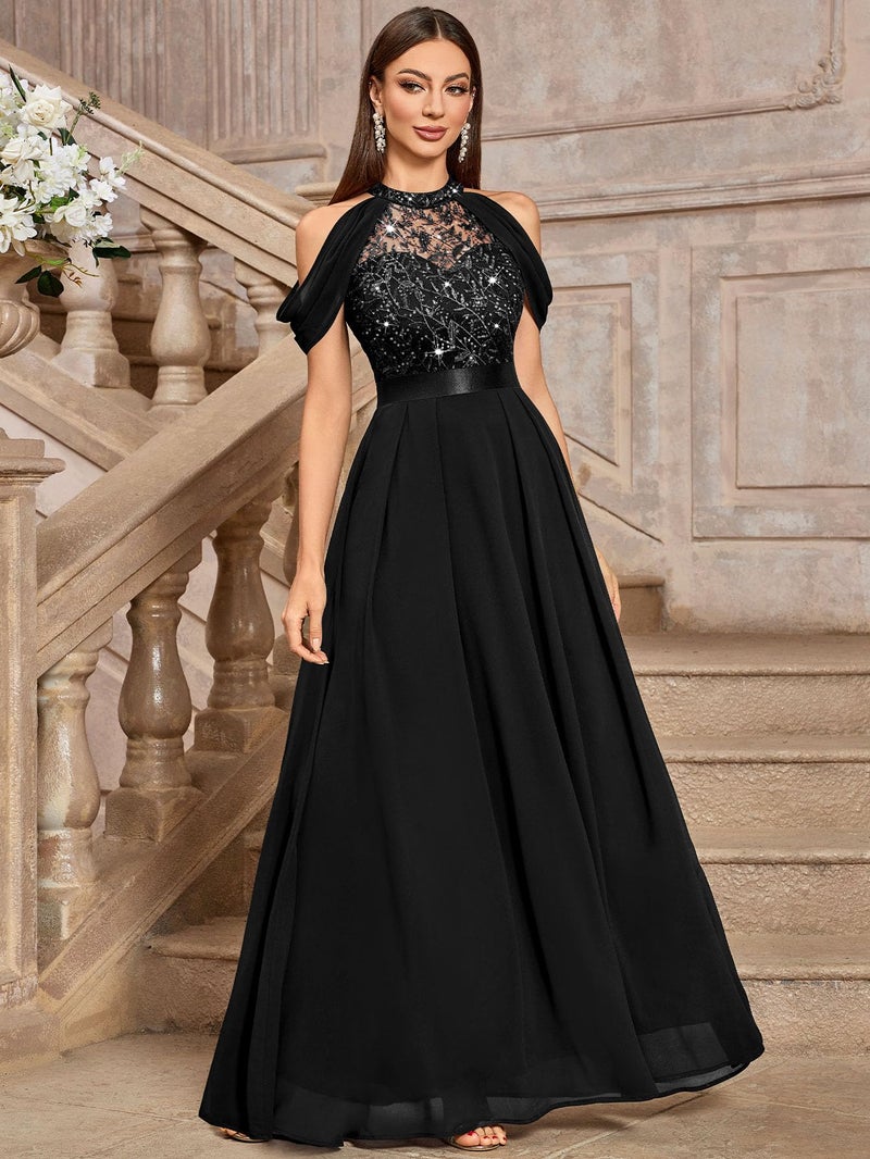 Miusol Women's Classic Lace Sleeveless Sequin Contrast Chiffon Bridesmaid Maxi Dress (Large, Black) - Image 3