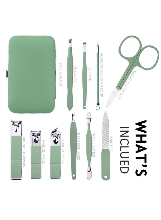 HANTEKAS - HANTEKAS Manicure Set 10 in 1 Stainless Steel, Nail Clippers Scissors Pedicure Tools Kit - Portable Travel Grooming Kit for Men and Women with Leather Case (Jade Green) - Image 1