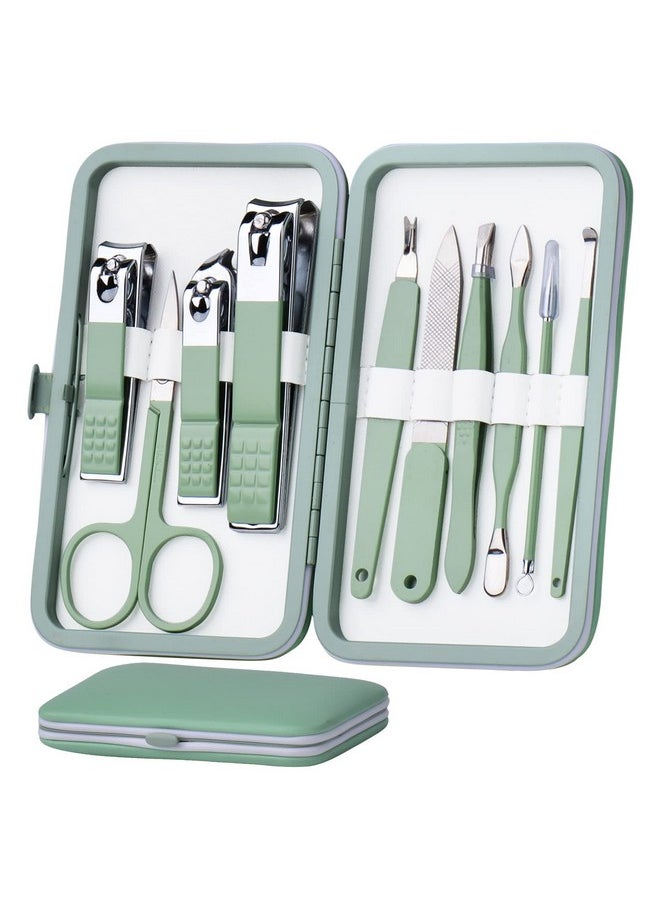 HANTEKAS - HANTEKAS Manicure Set 10 in 1 Stainless Steel, Nail Clippers Scissors Pedicure Tools Kit - Portable Travel Grooming Kit for Men and Women with Leather Case (Jade Green) - Image 1