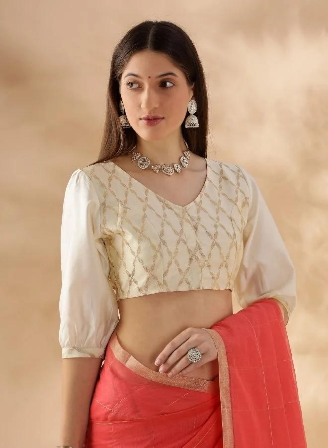 Abhishti Puff sleeve zari banarasi blouse- Cream