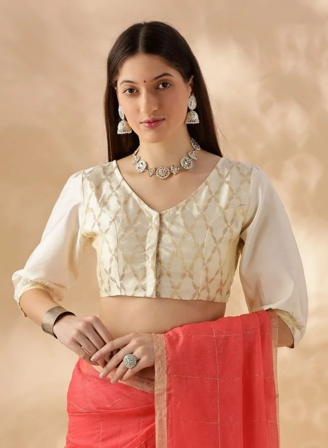 Abhishti Puff sleeve zari banarasi blouse- Cream