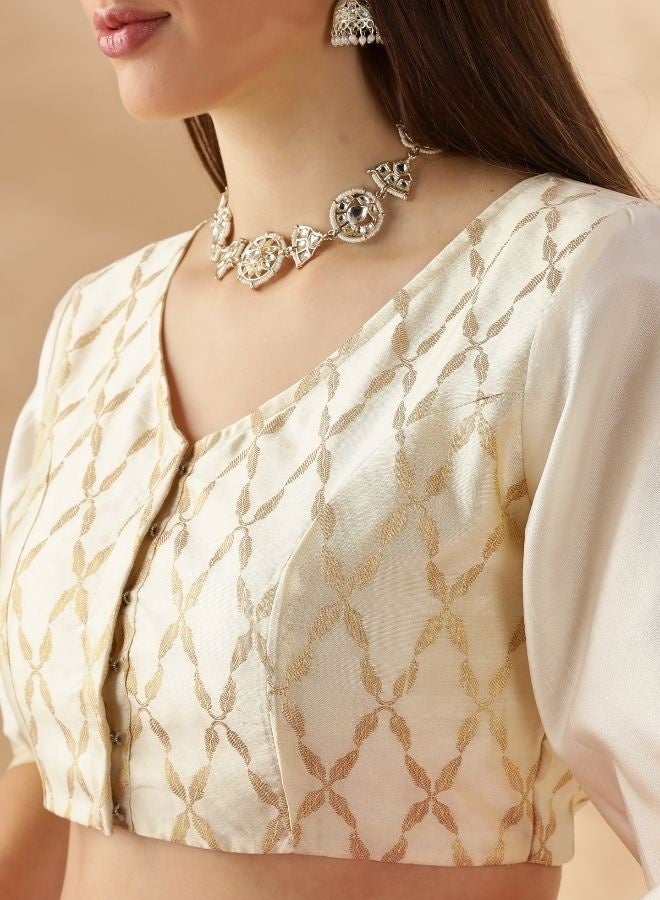 Abhishti Puff sleeve zari banarasi blouse- Cream  - Image 4