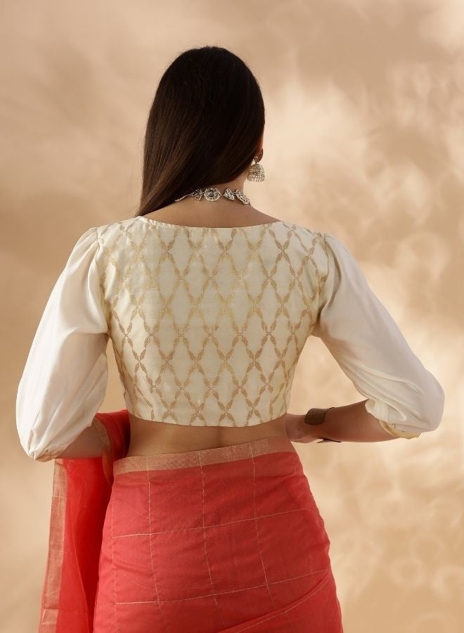Abhishti Puff sleeve zari banarasi blouse- Cream  - Image 3
