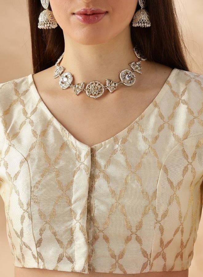 Abhishti Puff sleeve zari banarasi blouse- Cream  - Image 5