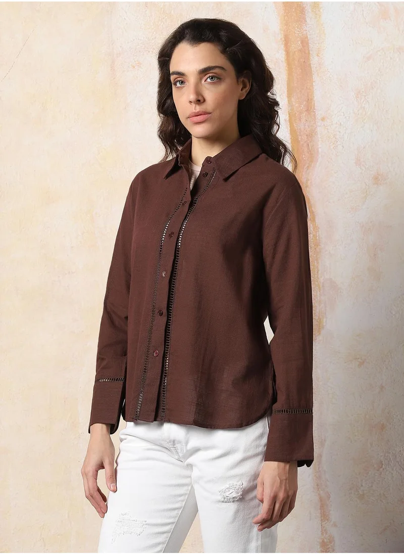 هاي ستار Stay effortlessly stylish with this comfortable Coffee Brown Oversized Shirts Solid design crafted from Rayon featuring Long Sleeves with Button closure.