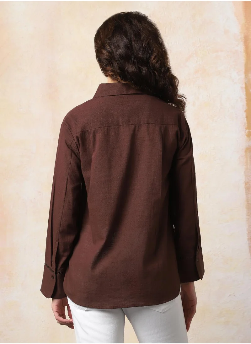 هاي ستار Stay effortlessly stylish with this comfortable Coffee Brown Oversized Shirts Solid design crafted from Rayon featuring Long Sleeves with Button closure.