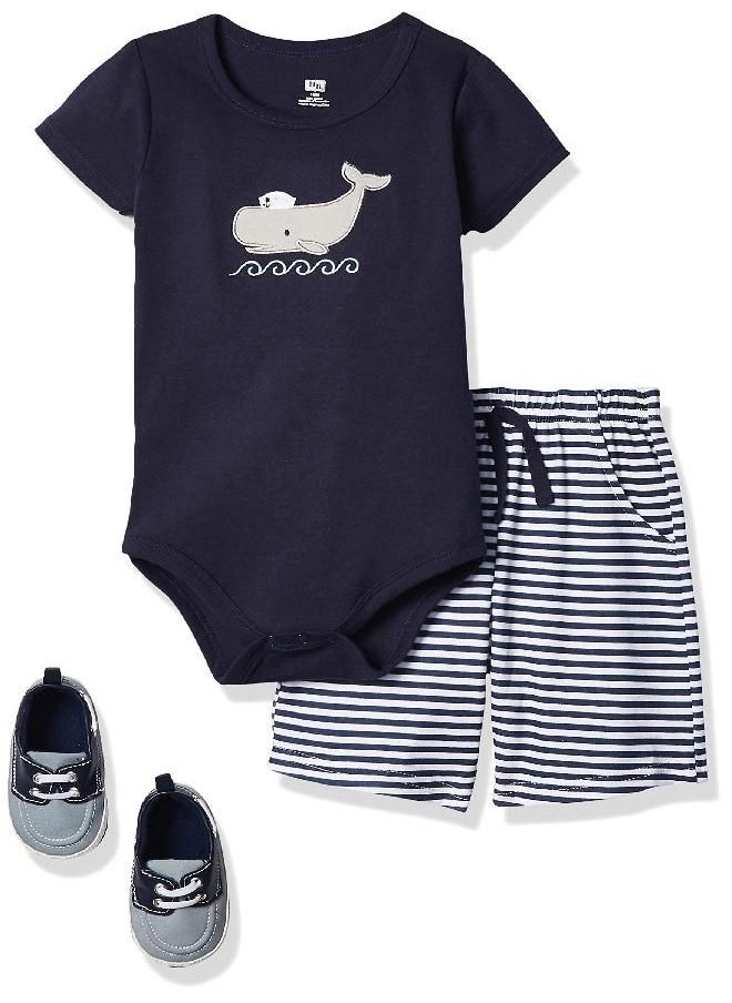 hudson baby Hudson Baby Unisex Baby Cotton Bodysuit, Shorts and Shoe Set, Sailor Whale, 6-9 Months  - Image 1