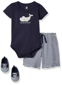 hudson baby Hudson Baby Unisex Baby Cotton Bodysuit, Shorts and Shoe Set, Sailor Whale, 6-9 Months  - Image 5