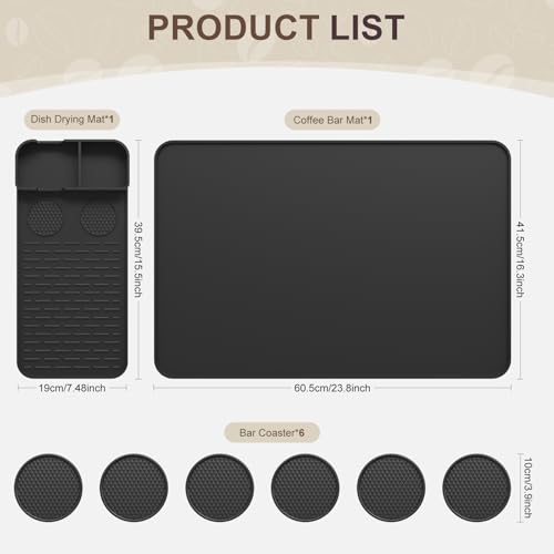 Garolue Silicone Coffee Mat with 6 Coasters,24"x16" Counter Bar Mat Fits Under Coffee Maker/Pot & Espresso Machine, Bar Aceessories,Detachable Drying Pad for Tamper,Sugar Packets,Cups & Countertop Protection - Image 2