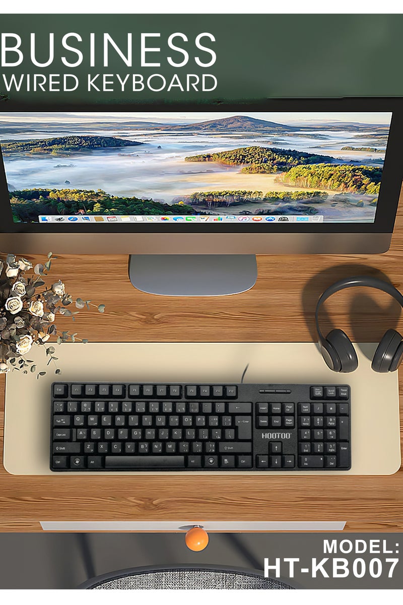 HooToo Arabic English Wired Keyboard with Smooth Durable Long Lasting Keys Black Keyboard for Business Office Work Home Use and Daily Typing - Image 3