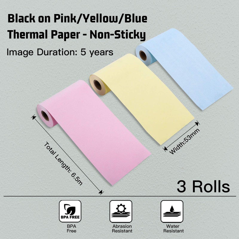 Memoking T02/M02X/M02L Pink/Yellow/Blue Thermal Paper-5-Year Non-Sticky 53mmx6.5m for Journal Photo Texts Study Notes and More, 3 Rolls - Image 2